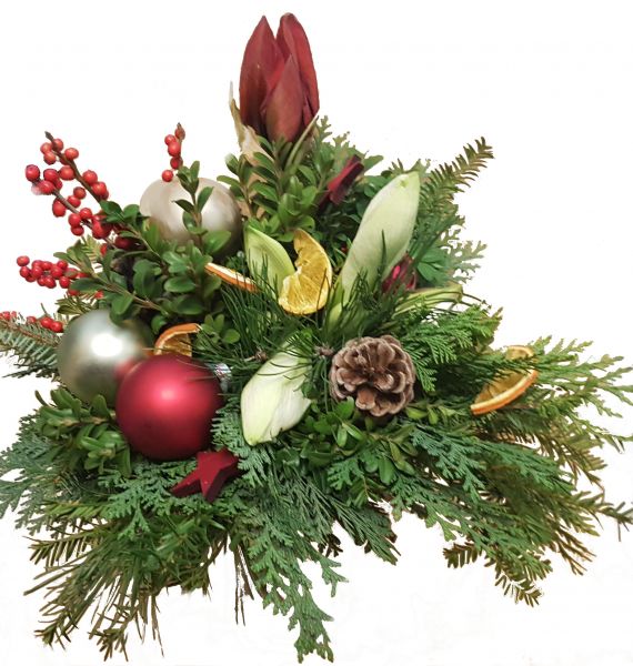 weihnachtlicher Blumenstrauß weiße und rote Amaryllis frisches Grün Weihnachtsdeko weiß rot zum Advent zu Weihnachten