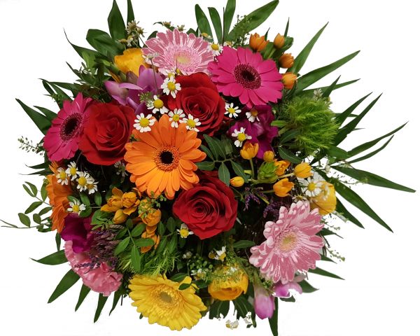 Glücksmomente bunter Blumenstrauß zum Geburtstag von Flora Trans Sommerstrauß mit Grußkarte verschicken 