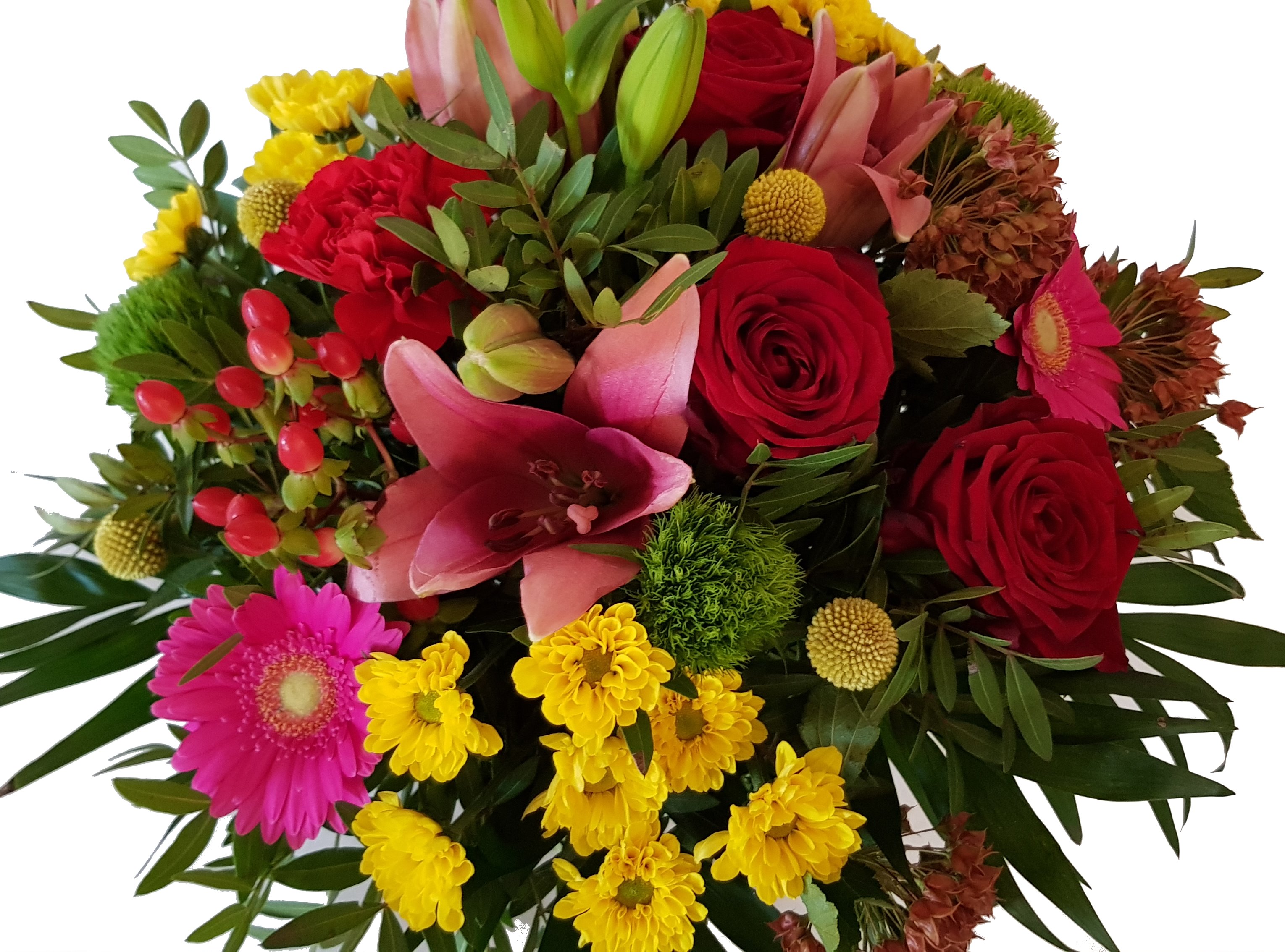 Bunter Blumenstrauß mit frischen Blumen und roten Rosen ,,Bunte Liebe,,