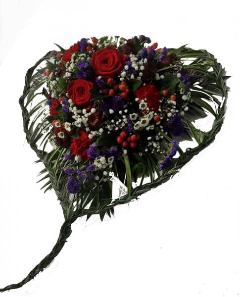 blumiges Trauerherz mit roten Rosen - Herzgesteck als Grabschmuck